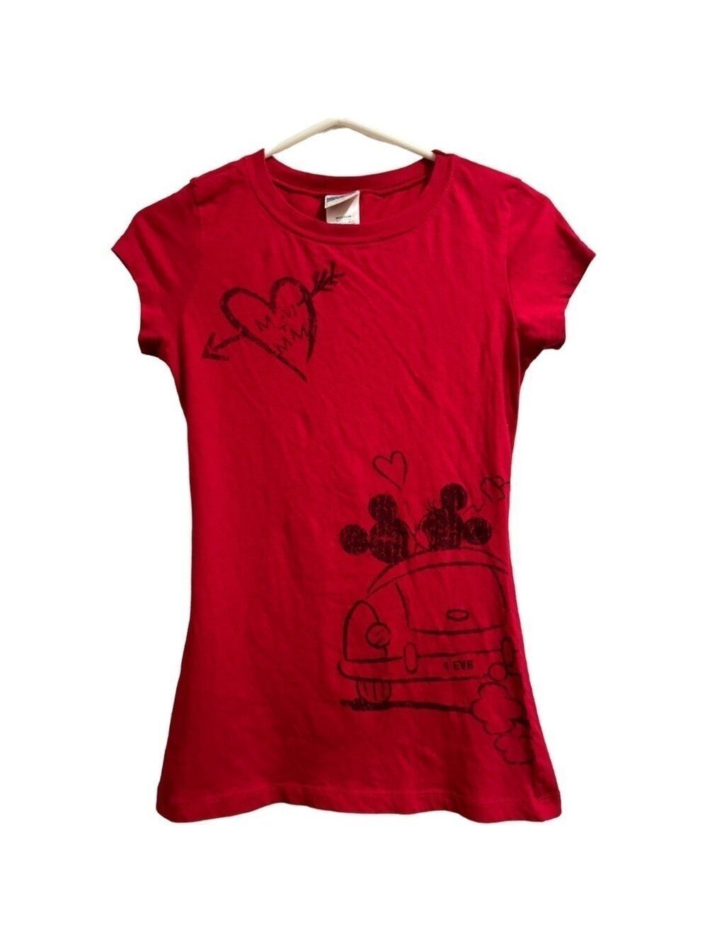Disney Mickey & Minnie Mouse In Love Tee Shirt with Hearts, Red Girl’s Medium